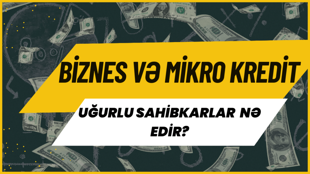 "Biznes kredit və Mikro Kredit" yazılı, arxa fonda düşən dollarlar olan şəkil